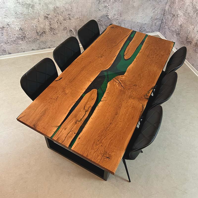 Esstisch-Plansee-Eiche-tuerkis-gruen-bestuhlt Epoxidharz Tisch kaufen Plansee